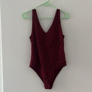 Painted Threads Dark Red Embroidered Lace Body Suit Sz M